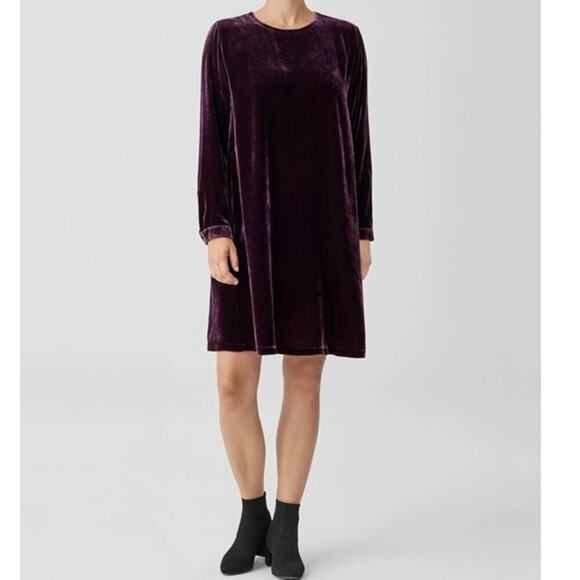 Eileen Fisher Velvet Crew Neck Easy Fit Knee Length Dress Purple Size S NWT - Picture 9 of 12